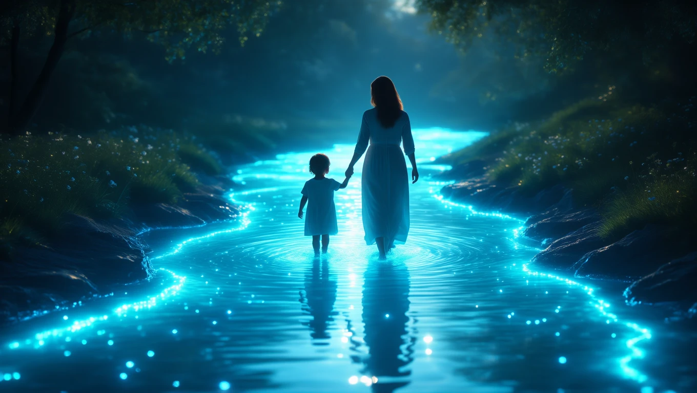 O mamă și un copil merg pe un râu strălucitor, simbolizând iubirea și protecția maternă în vise.