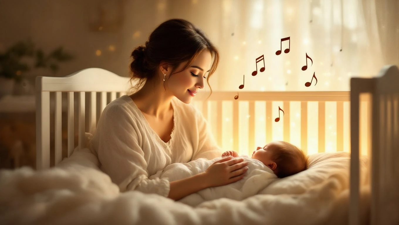 O mamă zâmbitoare își leagănă copilul într-un pătuț, înconjurată de o atmosferă caldă și melodii delicate.