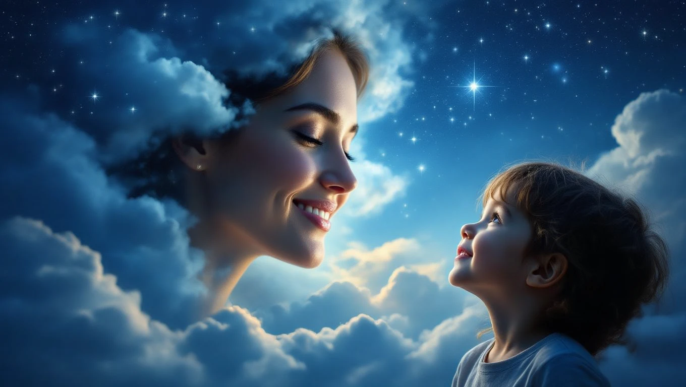 O mamă zâmbitoare apare în nori, privindu-și cu drag copilul care o admiră, simbolizând iubirea și protecția maternă.