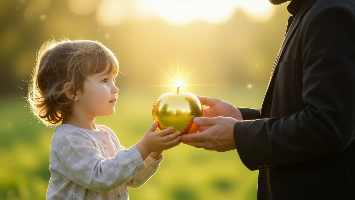 Un copil zâmbitor primește un măr auriu din mâinile unui adult, simbolizând oportunități și începuturi noi.