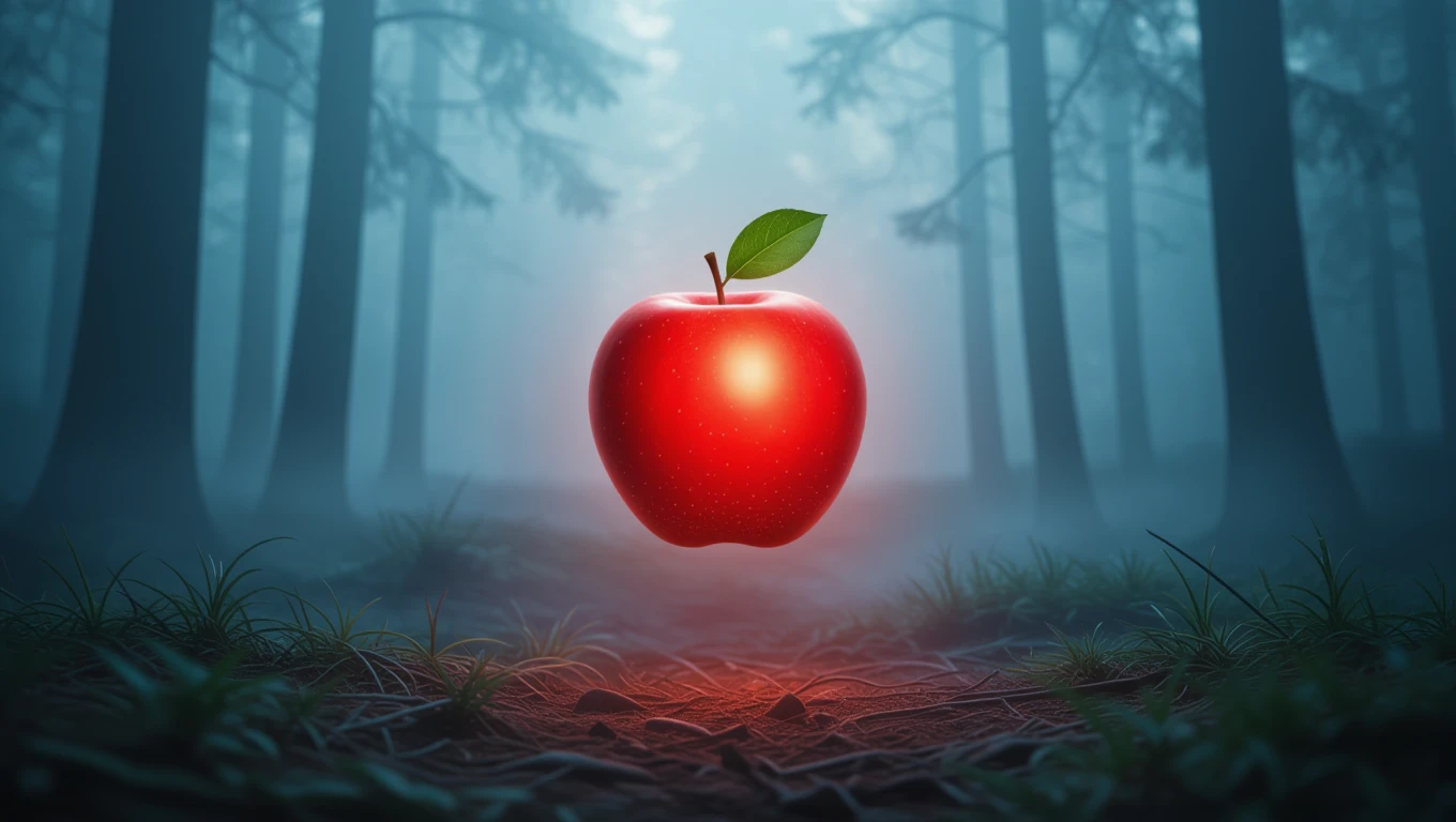 Un măr roșu strălucitor plutește în aer, înconjurat de un peisaj de pădure misterioasă, cu ceață și copaci în fundal.