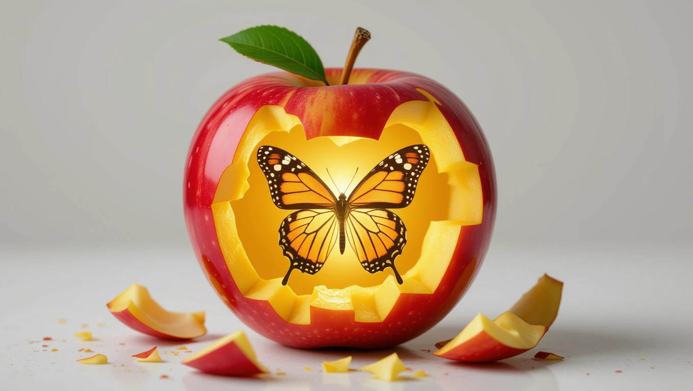 Un măr roșu cu o flutură colorată ieșind din interior, simbolizând transformarea și noi începuturi.