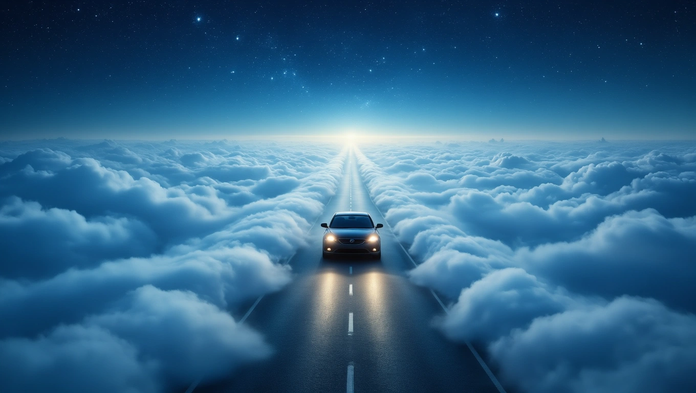 O mașină neagră pe un drum ce se pierde printre nori, sub un cer înstelat.