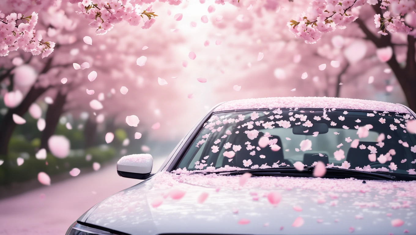O mașină albă parcată sub copaci înfloriți, cu petale roz căzute pe parbriz.