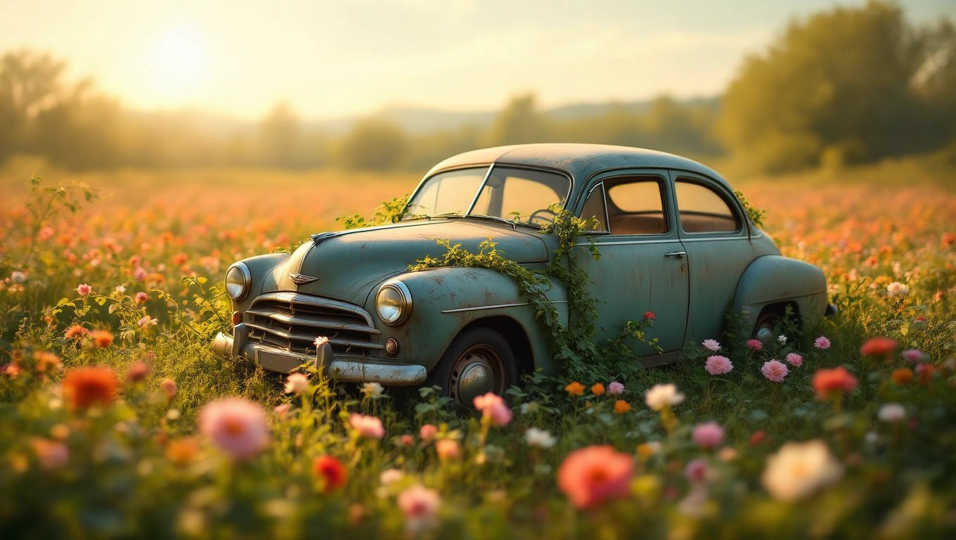 O mașină veche acoperită de iarbă și flori, simbolizând drumul vieții și alegerile personale.