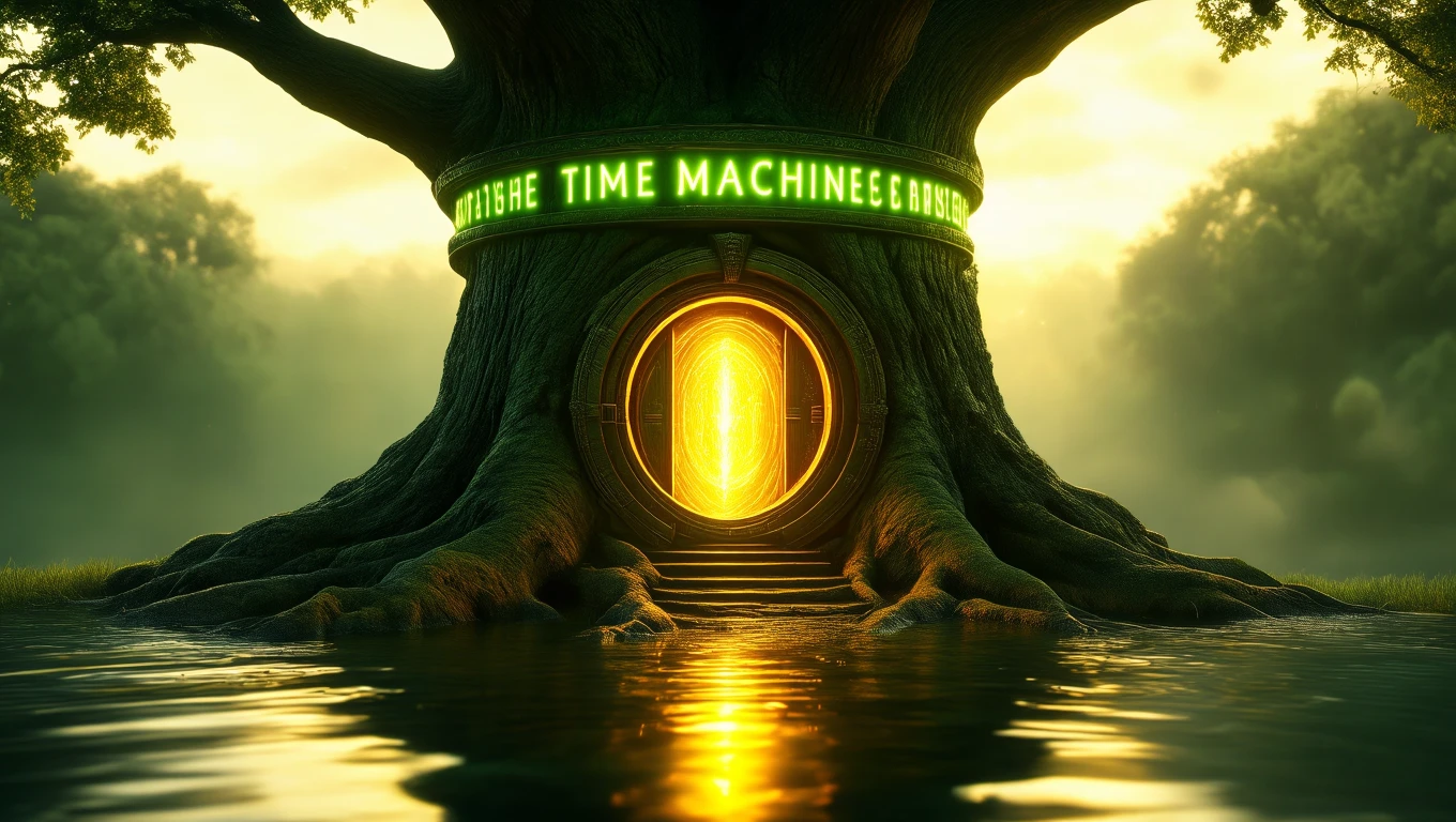 Un copac imens cu o ușă strălucitoare, simbolizând o mașină a timpului, reflectând dorința de a explora trecutul și viitorul.