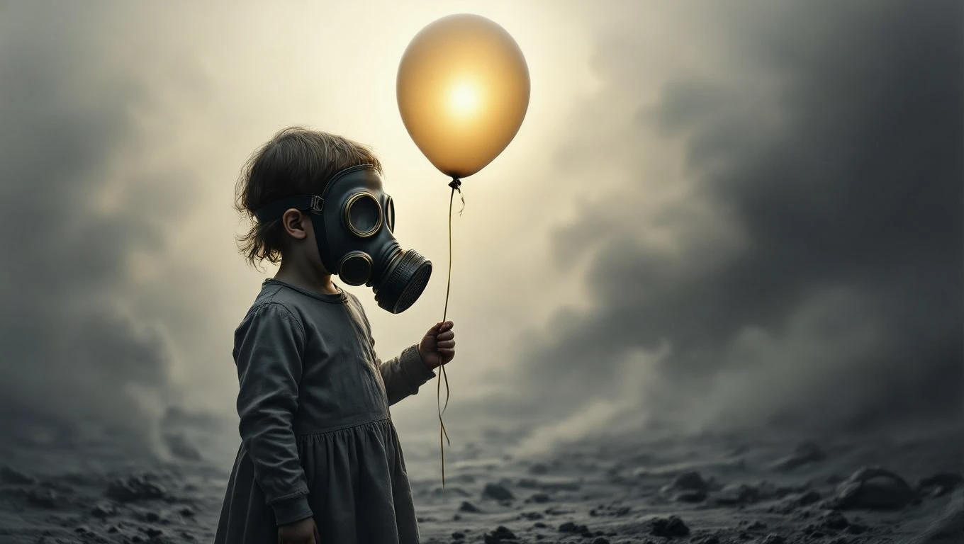Un copil purtând o mască de gaze, ținând un balon, într-un peisaj sumbru.