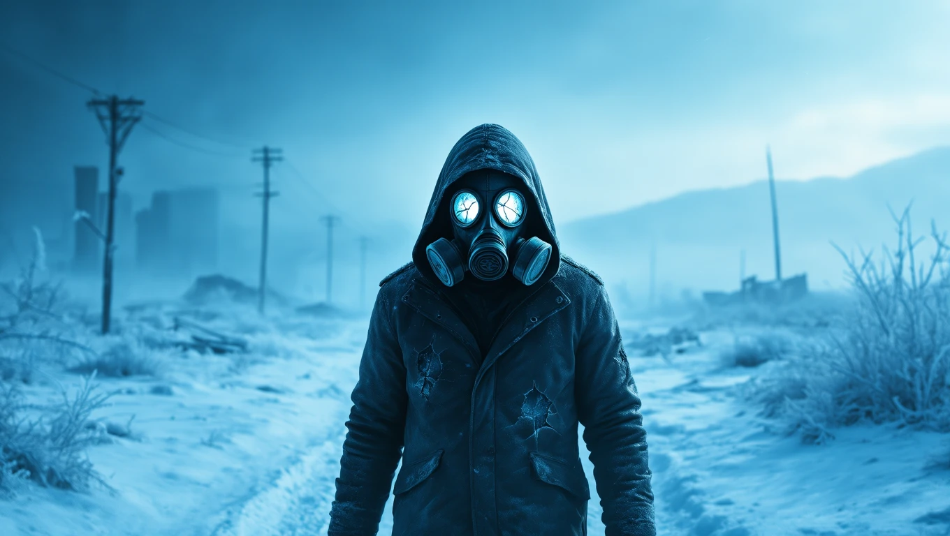 O persoană îmbrăcată într-o haină groasă, purtând o mască de gaze, stând pe un drum înghețat, înconjurată de un peisaj post-apocaliptic.
