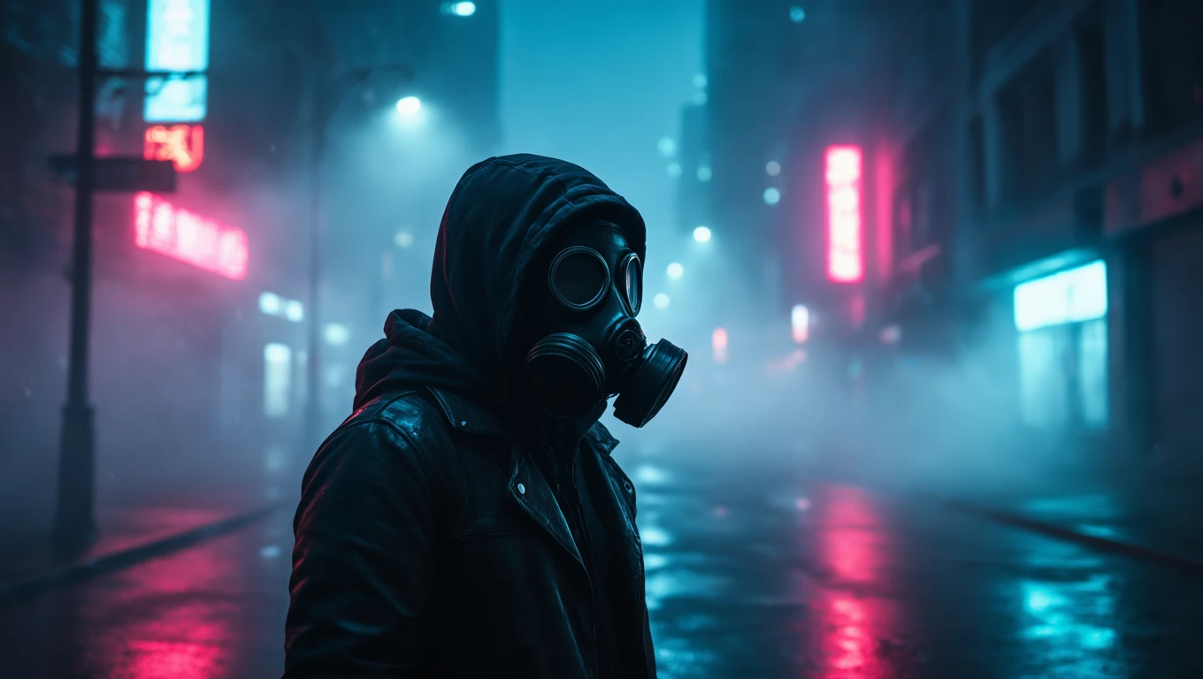 O persoană purtând o mască de gaze, stând pe o stradă umedă, înconjurată de ceață și lumini colorate.
