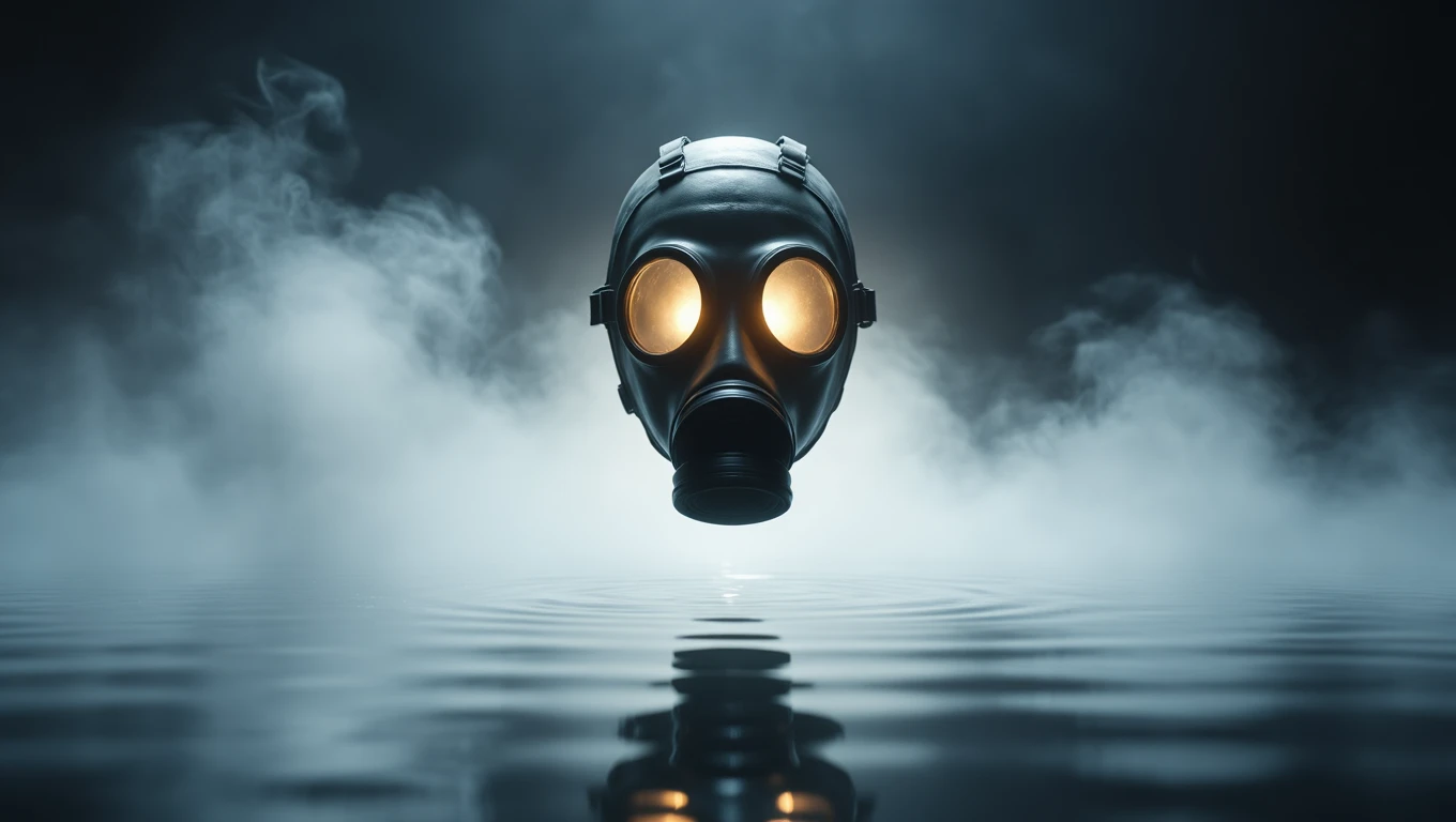 O mască de gaze suspendată deasupra unei ape liniștite, înconjurată de ceață misterioasă.