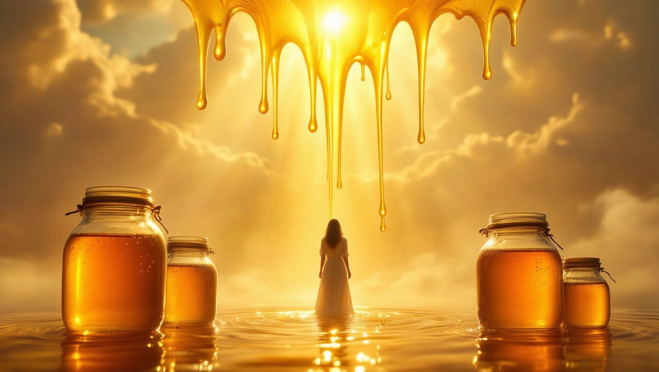 O femeie stă în fața unor borcane cu miere, sub un cer auriu, simbolizând bogăția sufletească și împlinirea visurilor.