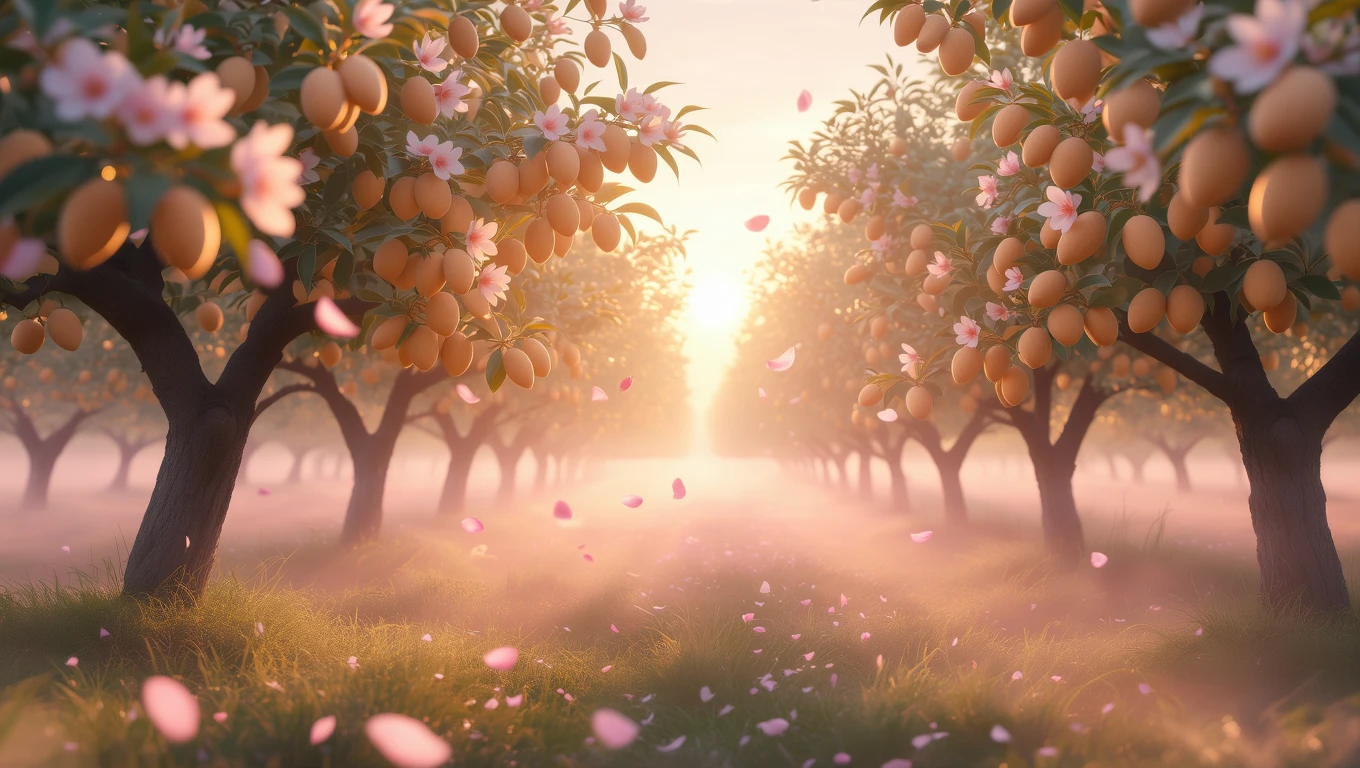 O livadă de migdale în lumina dimineții, cu flori roz și petale căzute pe iarbă, simbolizând prosperitate și noi începuturi.