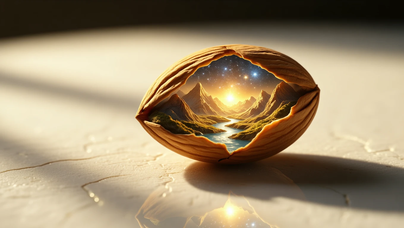 O migdală deschisă, din care se vede un peisaj oniric cu munți și un râu strălucitor sub un cer plin de stele.