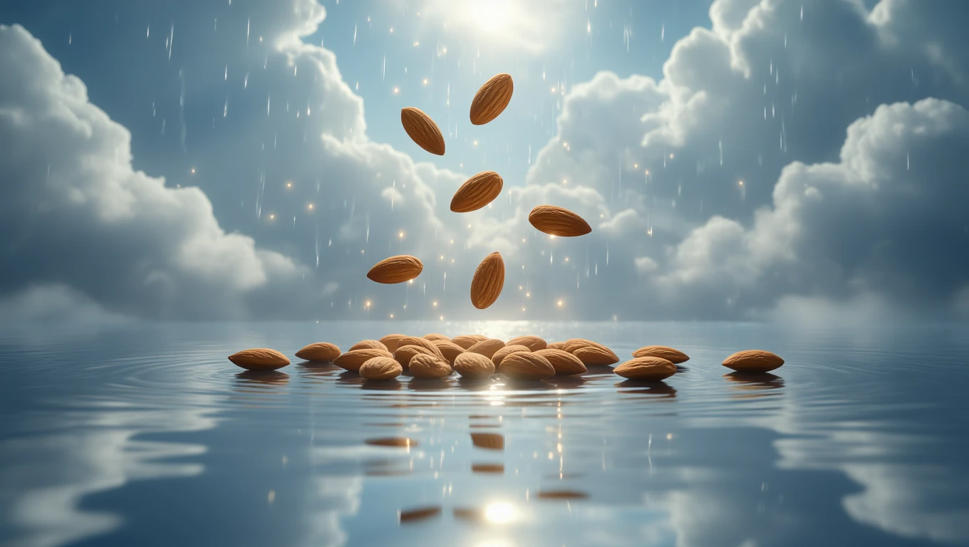 Migdale căzând din nori pe o apă liniștită, simbolizând prosperitate și noi începuturi.