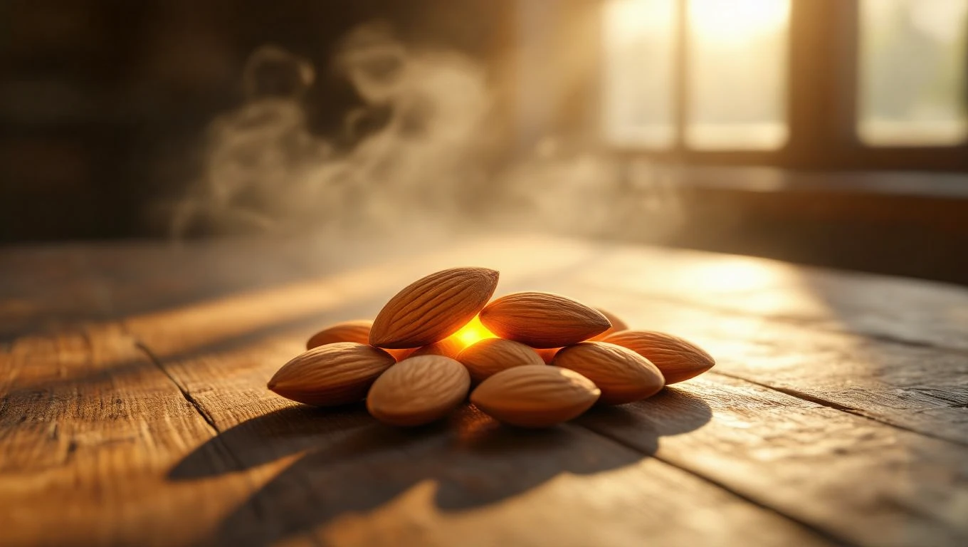 Migdale aranjate pe o masă din lemn, iluminată de razele soarelui.