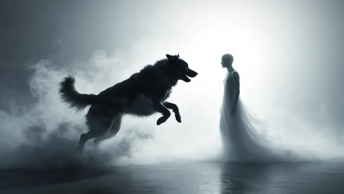 O siluetă umană în rochie albă, confruntată de un câine mare, simbolizând conflicte interioare.