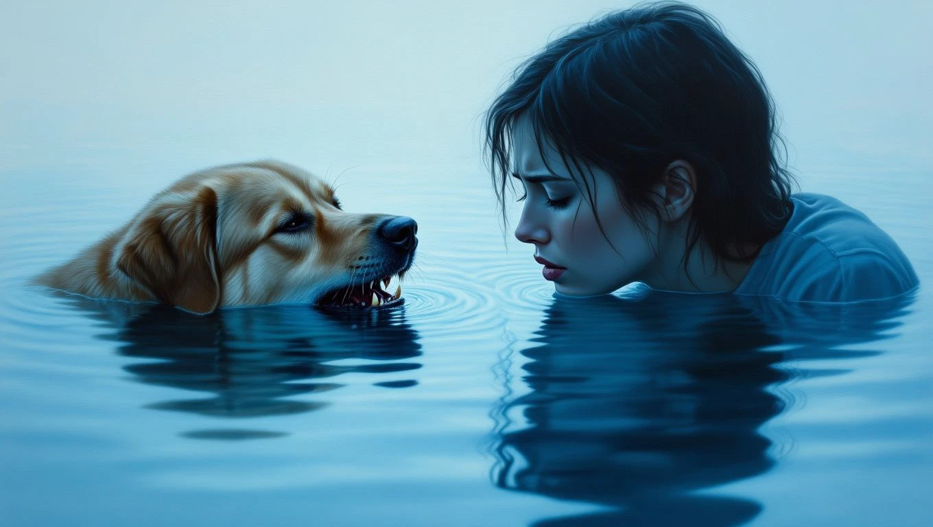 O femeie stă în apă, privindu-se intens cu un câine, simbolizând conflicte interioare și emoții adânci.