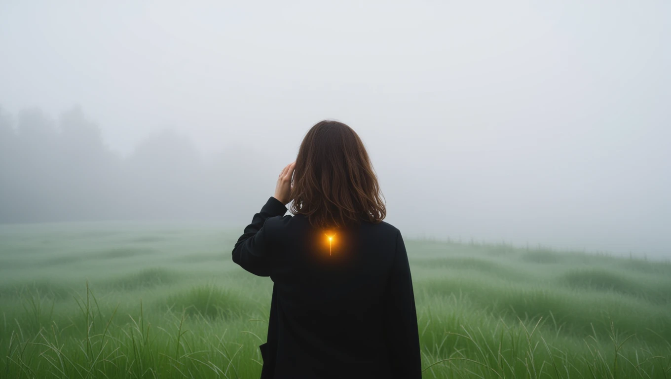 O femeie stând cu spatele, într-un câmp acoperit de ceață, cu o lumină strălucitoare pe spate, simbolizând o rană emoțională.