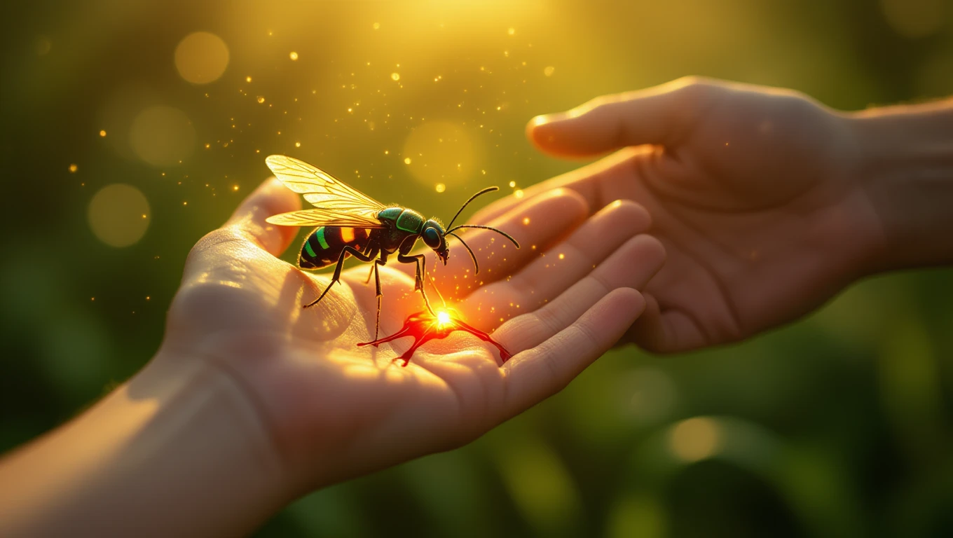 O mână ține cu delicatețe o albină strălucitoare, simbolizând transformarea și emoțiile ascunse.