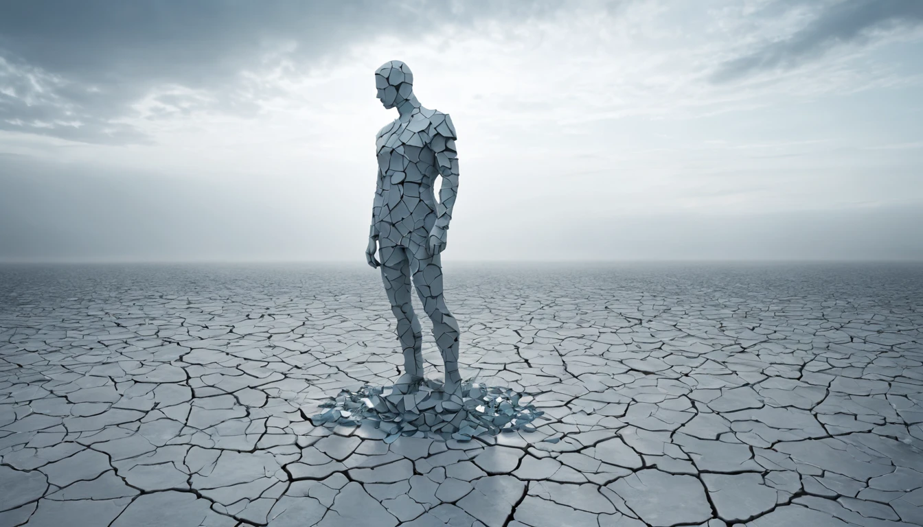 O siluetă umană fragmentată, din bucăți de piatră, pe un teren uscat și crăpat, simbolizând vulnerabilitatea și transformarea interioară.