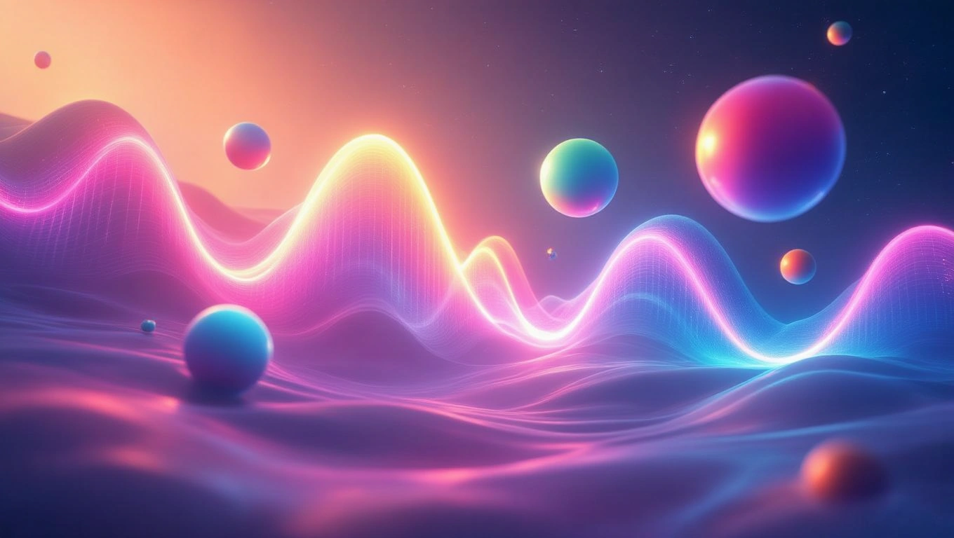 O reprezentare abstractă a undelor sonore, cu culori vibrante și forme sferice, simbolizând muzica și emoțiile din vise.