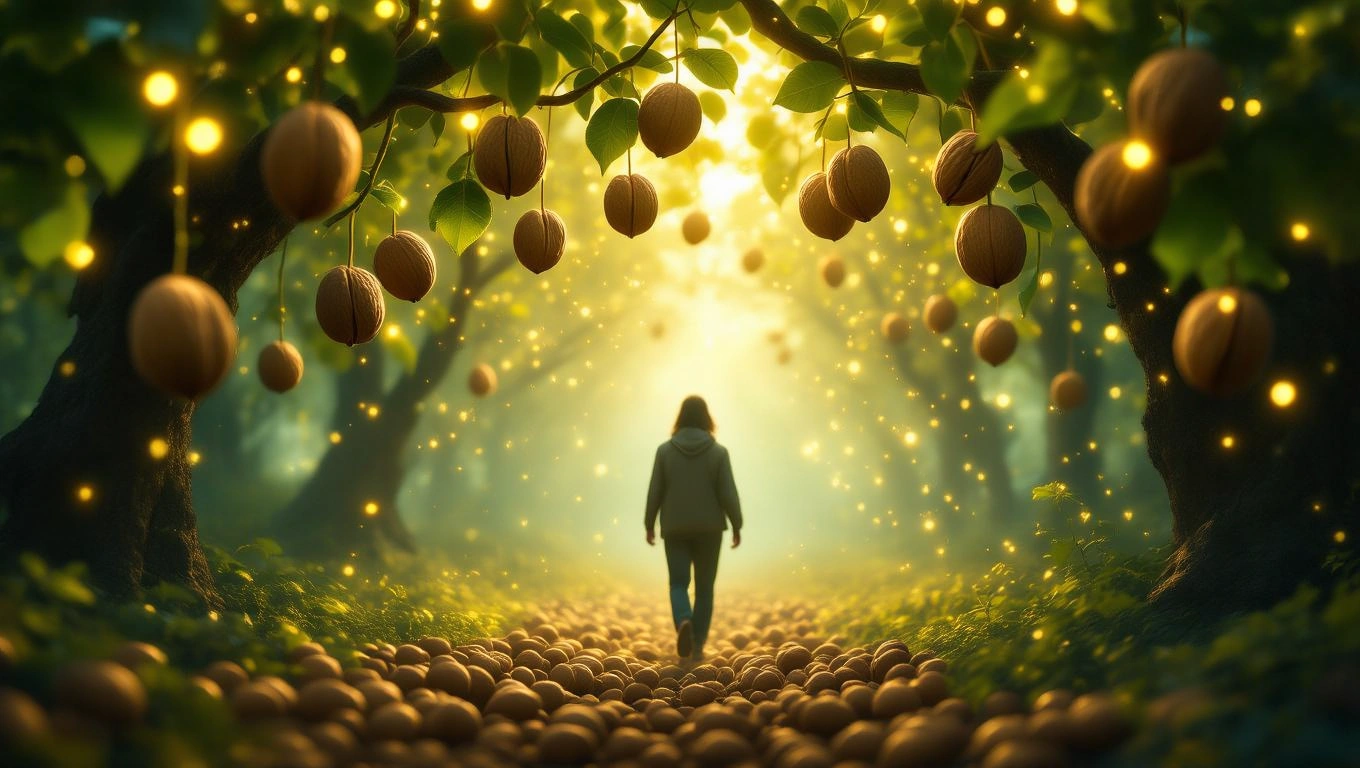 O persoană care merge pe un drum acoperit cu nuci, sub un copac plin de nuci, înconjurată de o atmosferă magică și luminoasă.