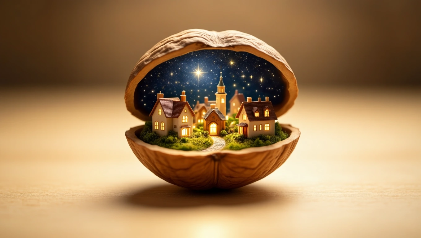 O nucă deschisă, în interiorul căreia se află un peisaj de case iluminate sub un cer înstelat, simbolizând potențialul și resursele interioare.