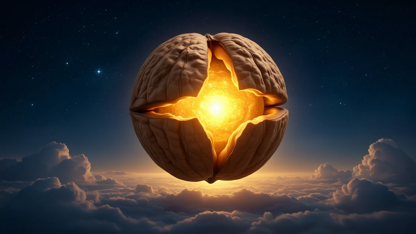O nucă deschisă, emanând o lumină strălucitoare, simbolizând potențialul și descoperirea interioară.