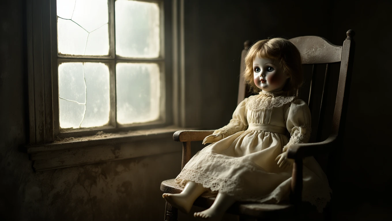 O păpușă vintage, așezată pe un scaun, cu o fereastră crăpată în fundal, evocând nostalgia copilăriei.