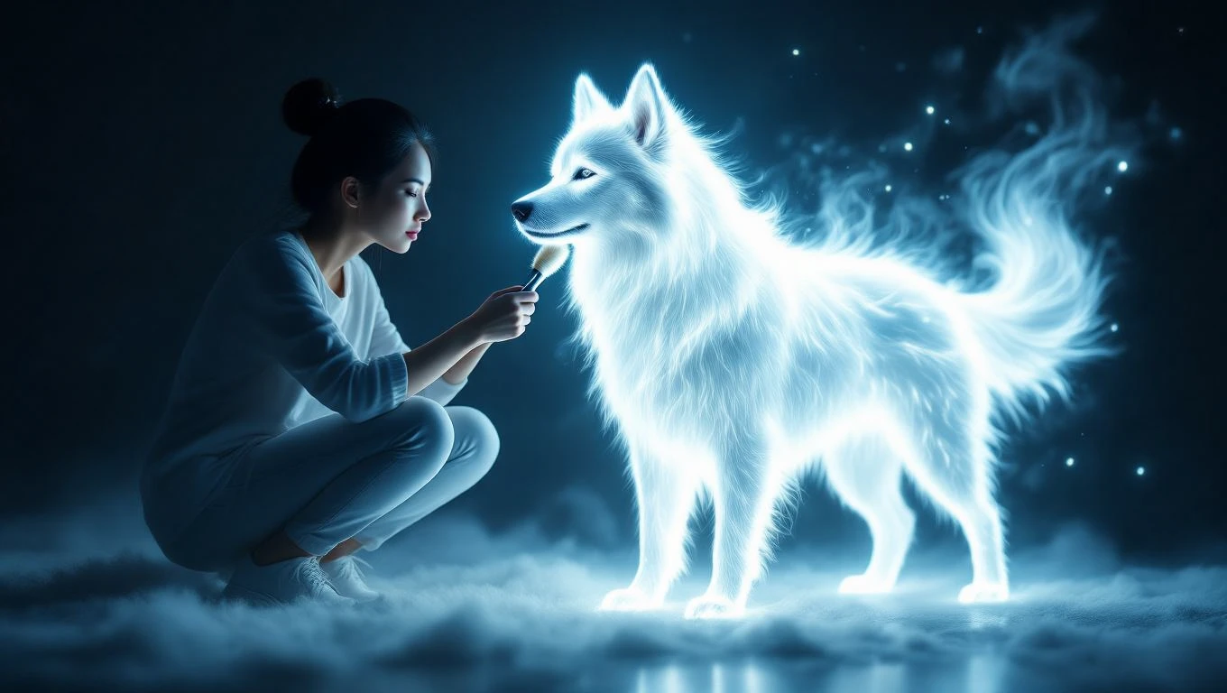 O femeie îngrijind un câine strălucitor, simbolizând loialitate și conexiune interioară.