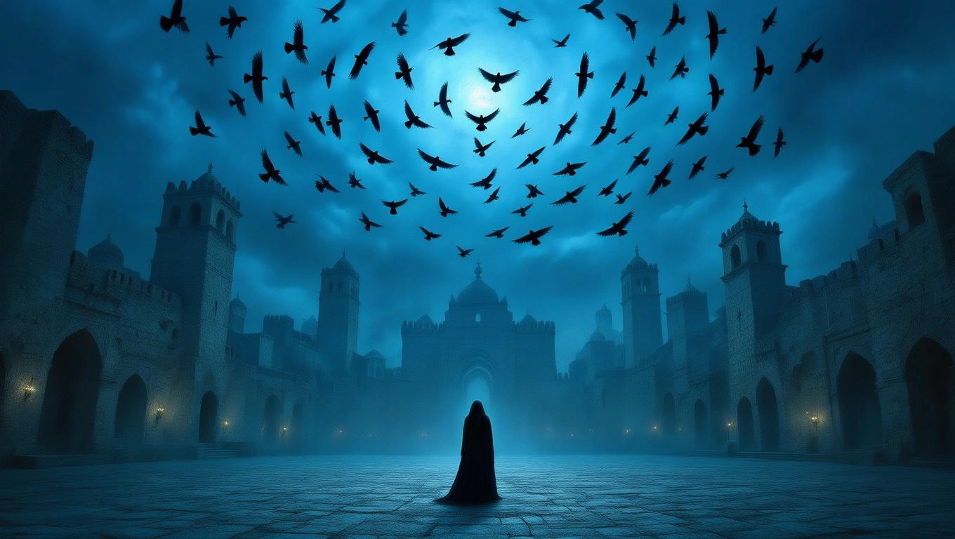 O silueta misterioasă stă într-o piață veche, înconjurată de clădiri medievale, în timp ce păsări negre zboară pe cerul întunecat.