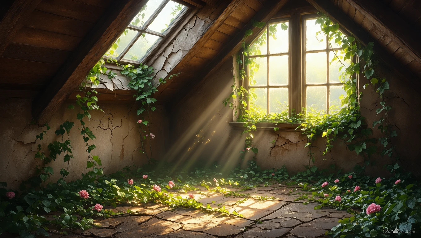 O mansardă luminoasă, cu feronerie din lemn, feronerie acoperită de plante verzi și flori roz, simbolizând tranziții și noi începuturi.