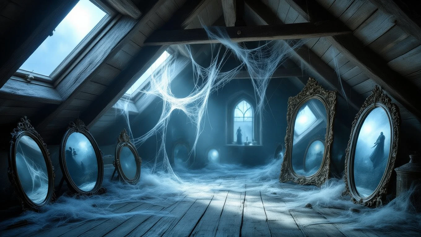 O mansardă întunecată cu oglinzi vechi și pânze de păianjen, simbolizând reflecția și tranziția.