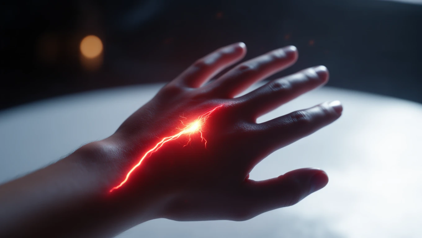 O mână umană cu o rană care emite o lumină roșie, simbolizând durerea emoțională și conflictele interioare.