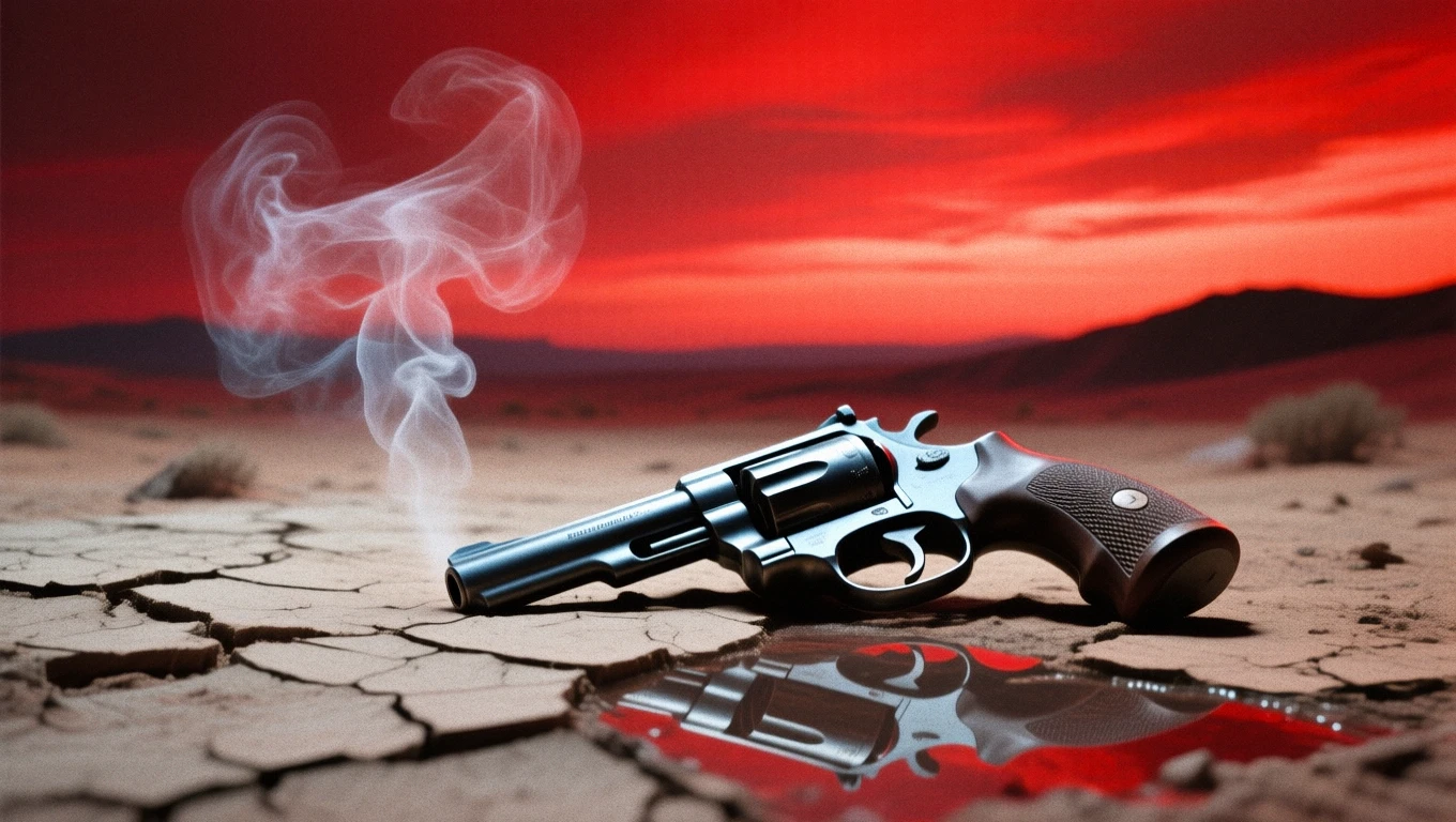 Un revolver negru, cu fum alb ieșind din țeavă, așezat pe un teren uscat și crăpat, sub un cer roșu.