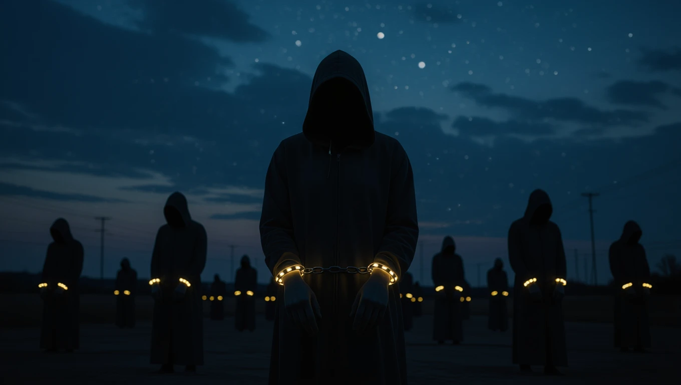 Oameni înrobeți, îmbrăcați în mantii întunecate, cu lanțuri luminoase la încheieturi, simbolizând constrângerea și limitările din viață.