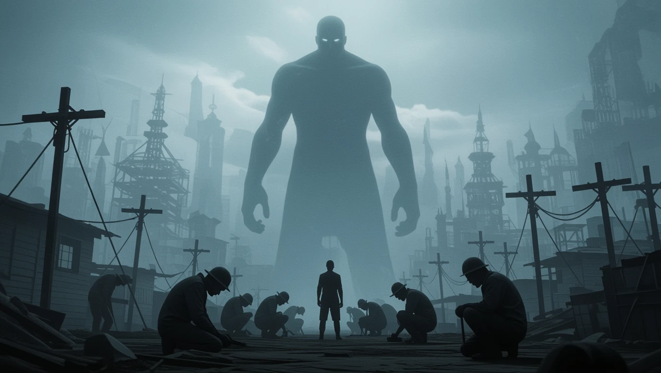 O imagine simbolică a sclaviei, cu o siluetă imensă și oameni care lucrează în umbră, sugerând constrângere și limitare.