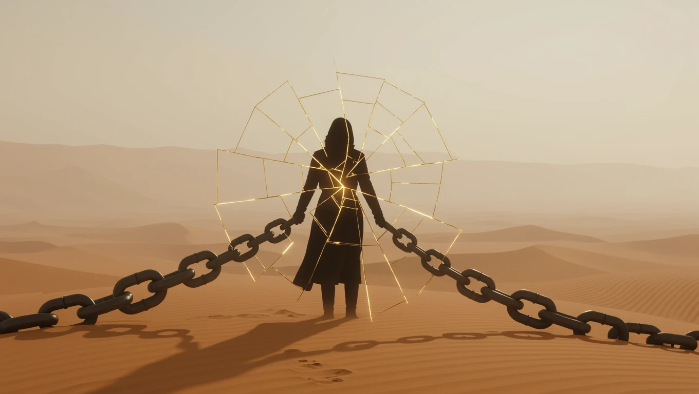 O siluetă umană în deșert, legată de lanțuri, simbolizând sclavia și constrângerile interioare.