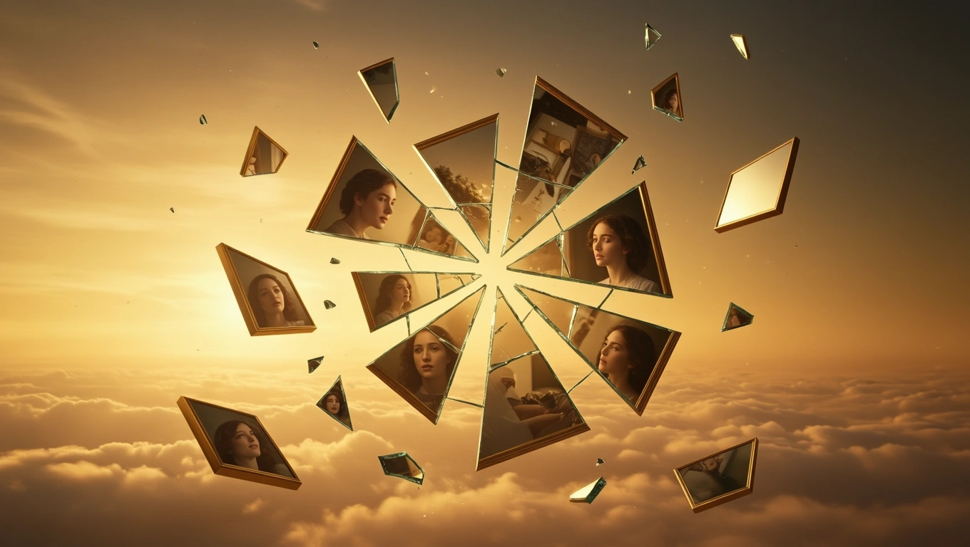 O imagine simbolică cu sticlă spartă și reflecții, sugerând introspecție și transformare.