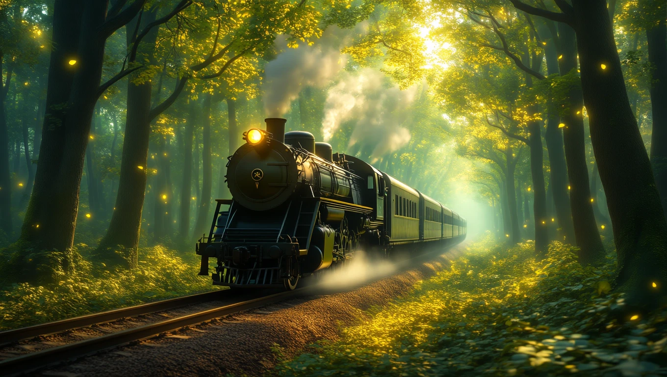 Un tren de epocă circulă printr-o pădure luminoasă, înconjurat de copaci și licurici.