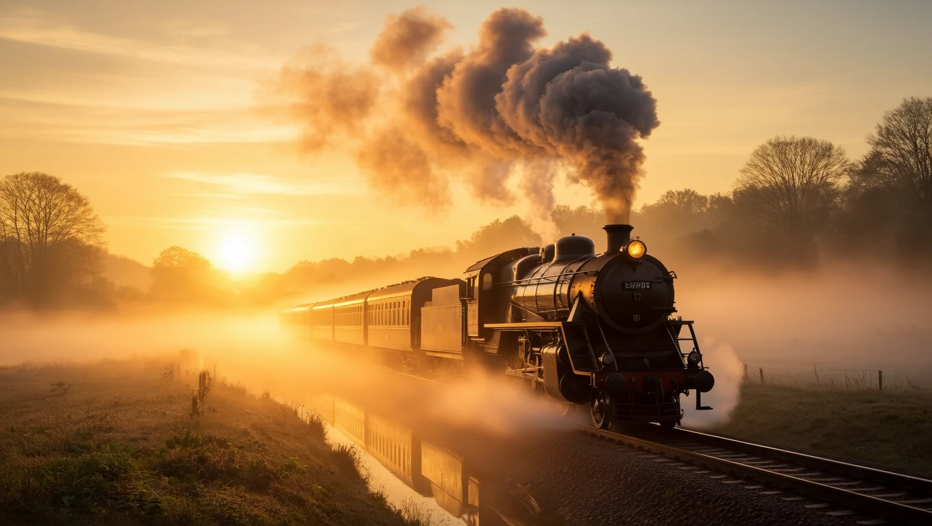 Un tren de epocă circulă pe calea ferată, învăluit în ceață, sub un cer portocalie la apus.
