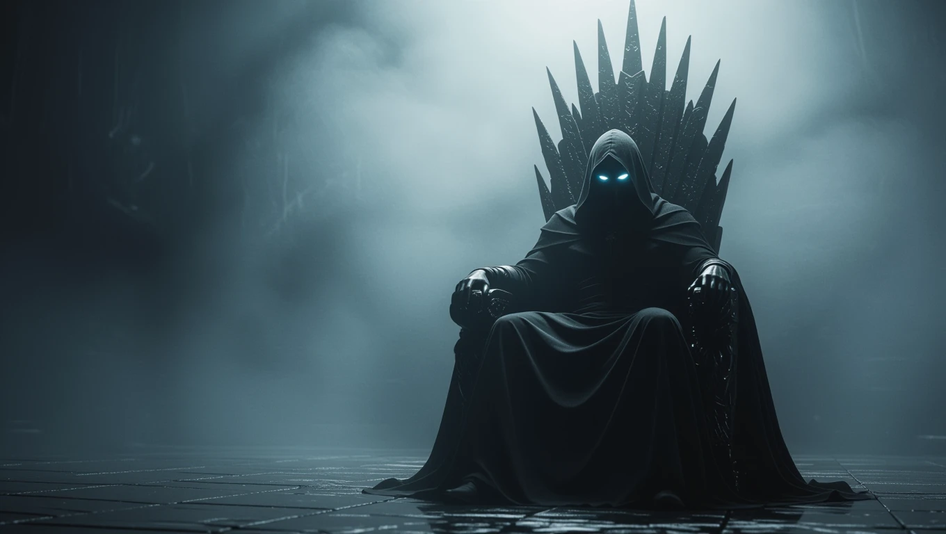 Un tron înconjurat de ceață, cu o figură misterioasă îmbrăcată în negru, simbolizând puterea și autoritatea.