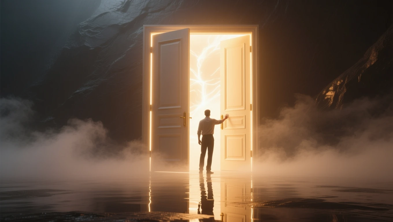 Un bărbat stă în fața unei uși deschise, lumina strălucitoare emanând din interior, simbolizând oportunități și transformare.