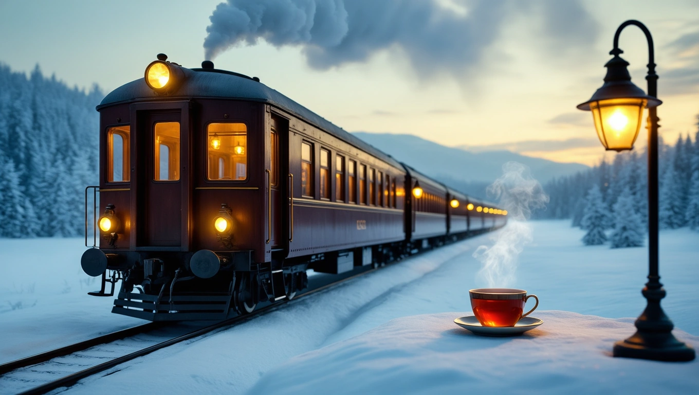 Un vagon-restaurant pe calea ferată, înconjurat de zăpadă, cu o ceașcă de ceai aburindă pe o masă.