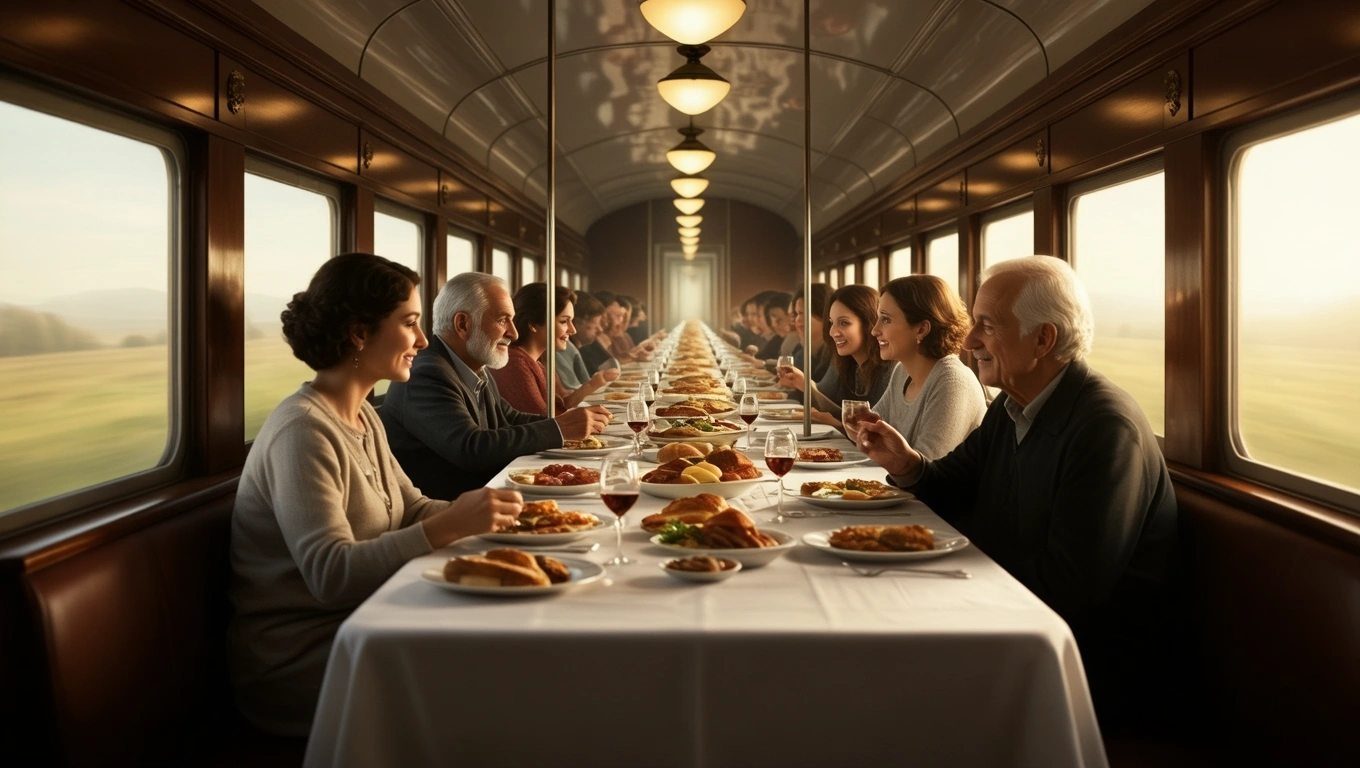 Un vagon-restaurant elegant, plin de oameni care savurează mese delicioase, simbolizând socializarea și explorarea în vis.