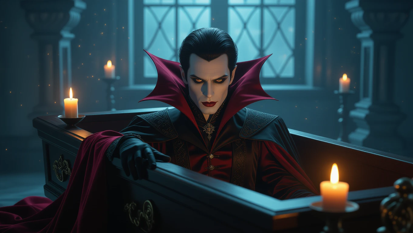 Un vampir elegant, cu mantie roșie, stând într-un sicriu, înconjurat de lumânări, evocând o atmosferă misterioasă.