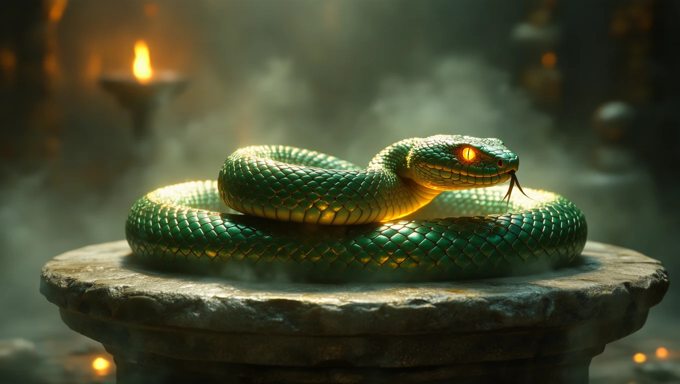 O viperă verde strălucitoare, cu ochi portocalii, așezată pe un piedestal înconjurată de ceață.