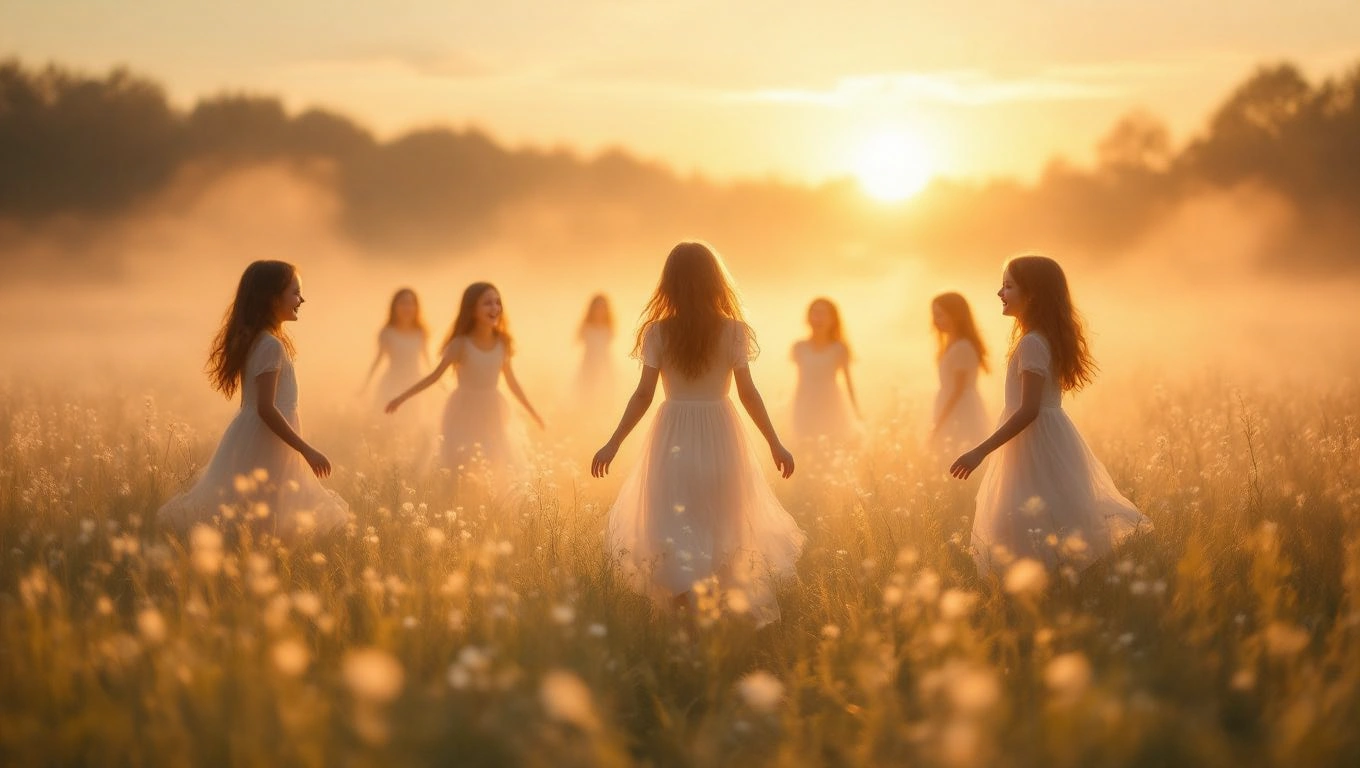 Un grup de fete îmbrăcate în rochii albe dansează într-un câmp plin de flori, sub lumina caldă a soarelui apunând.