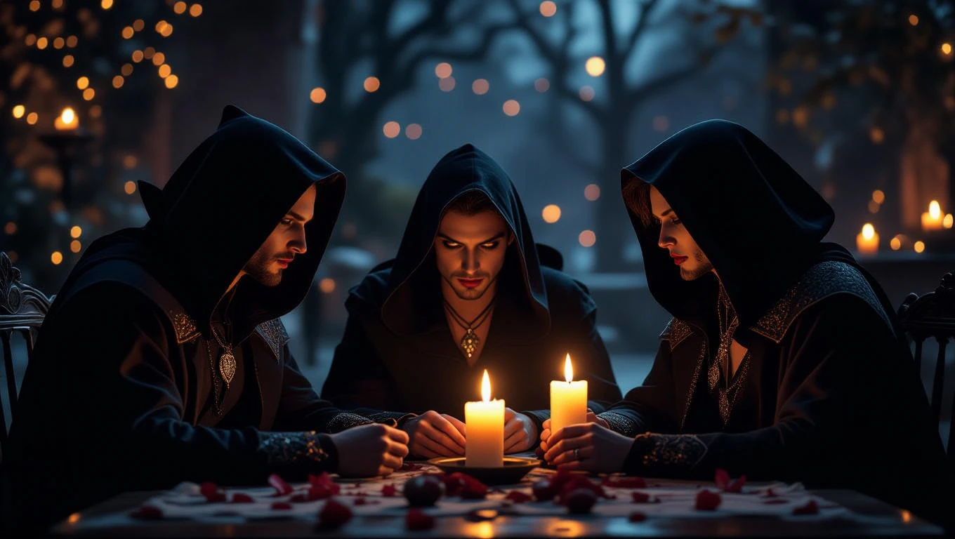 Trei bărbați îmbrăcați în mantii negre, așezați la o masă cu lumânări aprinse și petale de trandafir, evocând o atmosferă misterioasă.