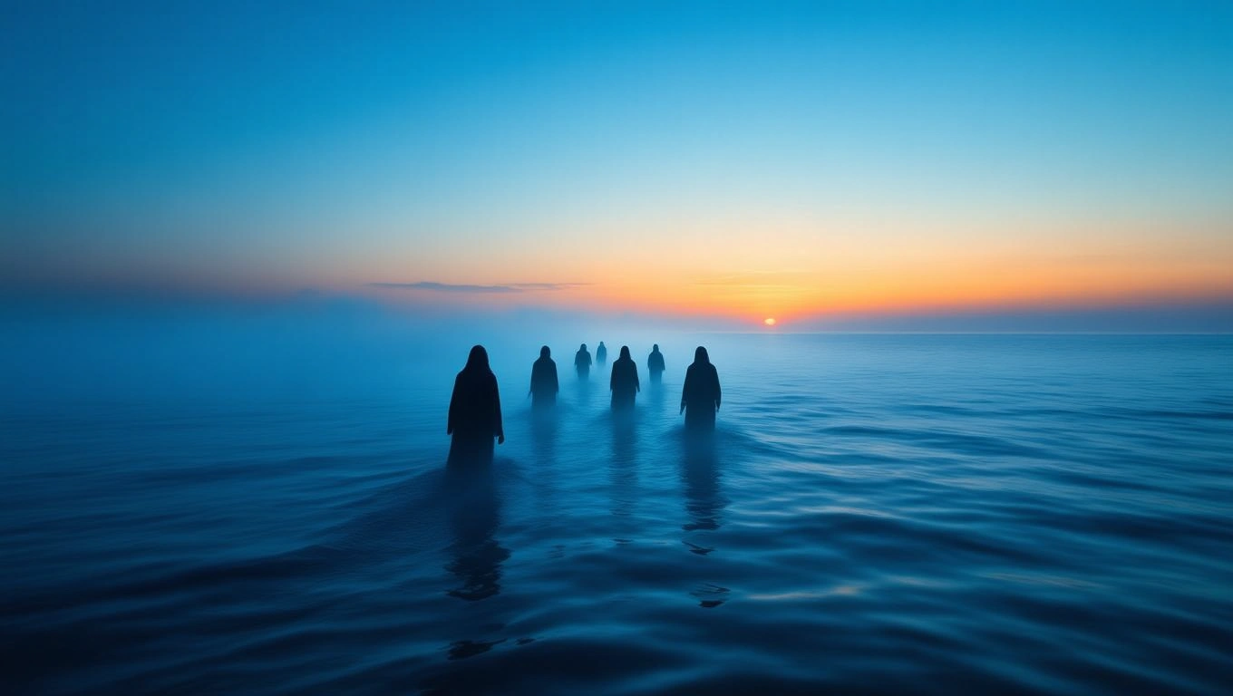 Silhuete misterioase de zombie mergând pe apă, în lumina apusului.